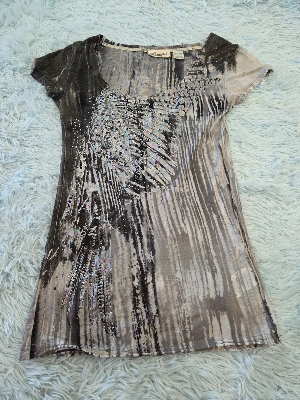 Miss Me Y2K Gray Black Striped Sequin Neckline Top Tunic Small